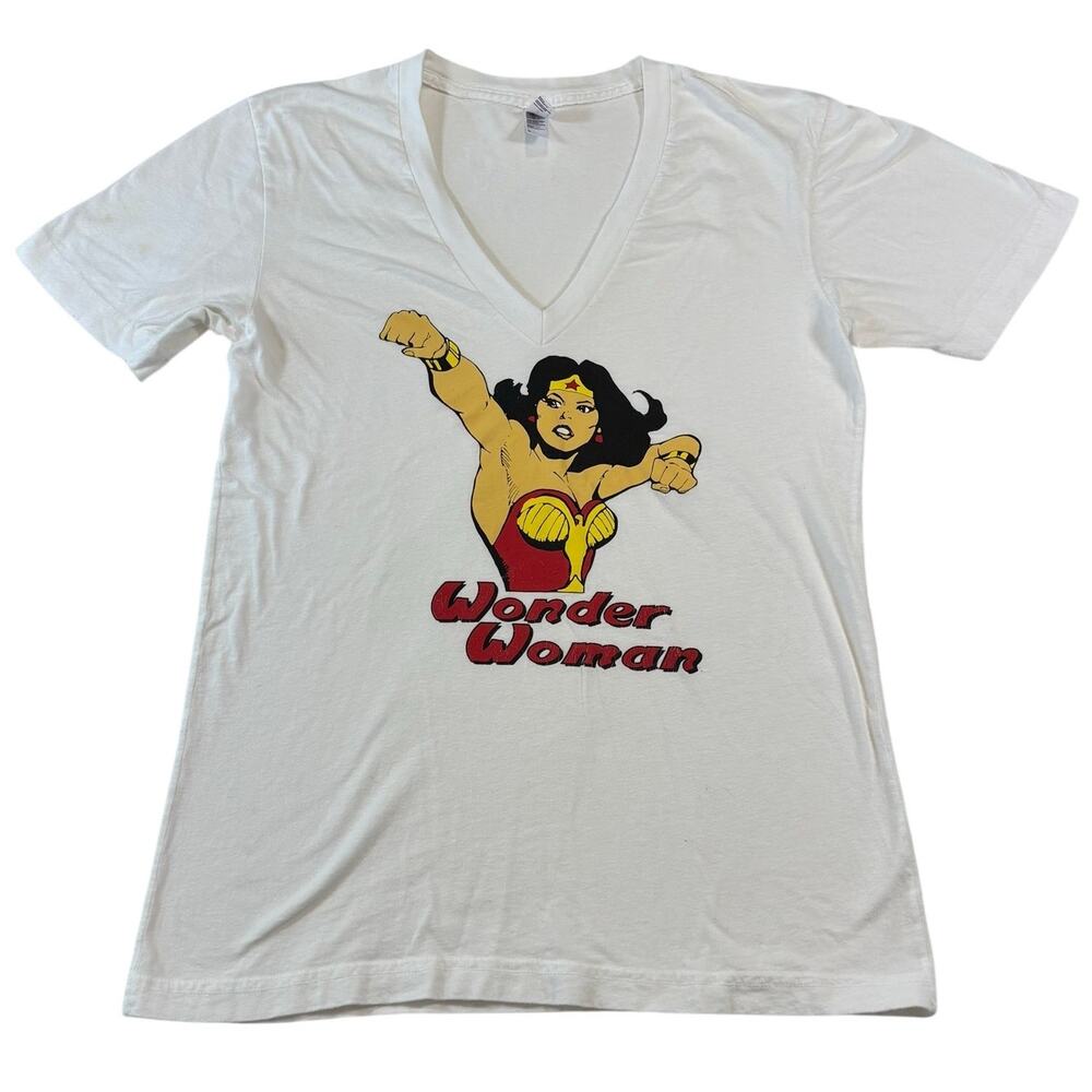 Vintage Y2K American Apparel Wonder Woman V-Neck White Tee, Size S, Made in USA